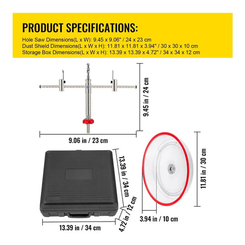 Solid Adjustable Hole Saw Kit With Steel Cutter Fits 40 To 200mm Range, Includes Dust Shield HSS Pilot Bits Plus Carbide And Wood Blades For DIY Sheetrock Slate And Veneer Projects Without Breakin Bones. shown with storage box, cutter, dust shield