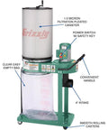 One Horsepower Canister Dust Collector With Beefy Suction And One Micron Fine Filtration On A Rock Solid Steel Base, showcasing 1.0 micron canister and clear bag.