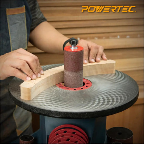 Person using Oscillating Sander Rubber Drum 5-Piece Set for Drill or Drill Press with 3-Inch Spindle to shape wood contour