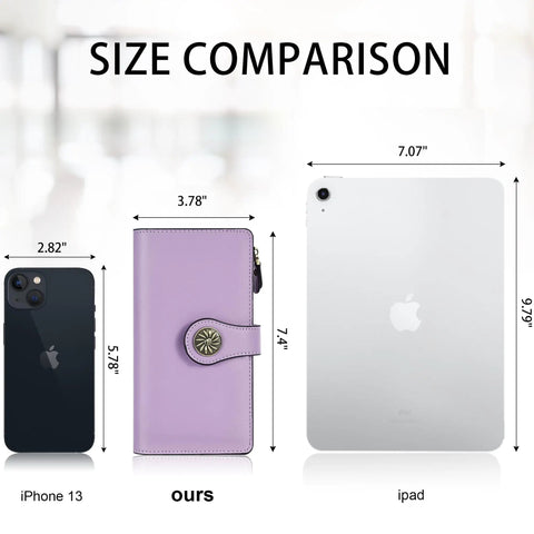 Size comparison of Women's RFID Blocking Trifold Wallet With Large Capacity Card Holder Purse, iPhone, and iPad.