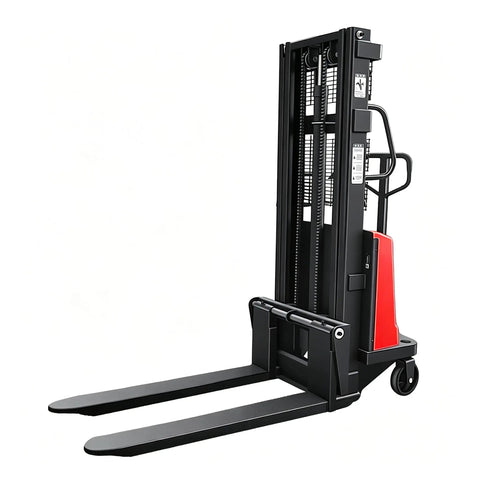 Heavy Duty Semi-Electric Pallet Stacker 3500 Lbs Capacity, 1.6Kw Motor Walkie Forklift with adjustable forks and tight turning radius.