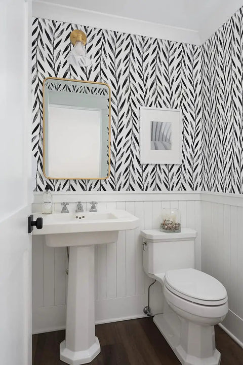 Bathroom with Black And White Peel And Stick Wallpaper Leaf Contact Paper 17.7 Inch By 590.4 Inch For Bathroom And Living Spaces