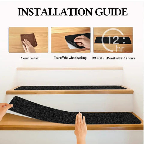 Installation guide for Non Slip Outdoor Stair Treads 6x24 Inches Black 8 Pack Pre Cut 80 Grit Anti Slip Grip Tape on stairs.