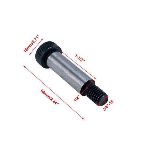 Beefy Alloy Steel Hex Socket Shoulder Screw showing 1/2 inch diameter, 1-1/2 inch length, and 3/8-16 UNC threads.