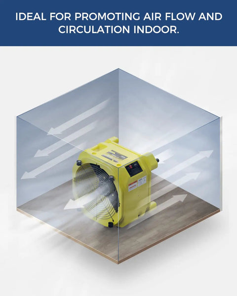 Heavy Duty 4 Pack Industrial Air Movers Kickin Out Massive 3000 Cfm Airflow For Zero Sweat Carpet Drying And Water Damage Cleanup fully stackable yellow air mover promoting indoor air circulation.