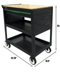 Rolling Tool Cart With 3-Tier Workshop Storage, Black Metal Frame And Wooden Top Workbench, Built Tough Wheels And 330Lb Load Capacity