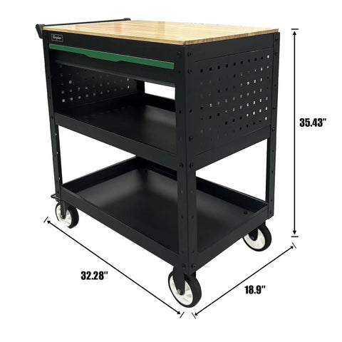 Rolling Tool Cart With 3-Tier Workshop Storage, Black Metal Frame And Wooden Top Workbench, Built Tough Wheels And 330Lb Load Capacity