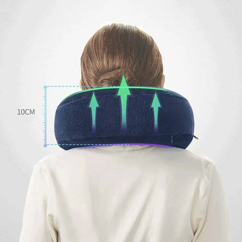 Back view of Memory Foam Travel Neck Pillow With Compact U Shaped Design on person, showing size and ergonomic fit.