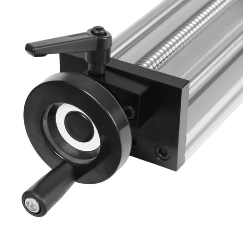 Close-up view of Bad Ass Heavy Duty Manual Sliding Table With Drop Dead Smooth Dual Optical Axis Linear Rail Guide adjuster handle.