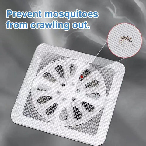 Ten Pack Square Disposable Shower Drain Hair Catcher Stickers on drain, measuring 3.94 inches, designed to prevent clogs.