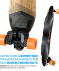 Carbon Fiber Drive Belts For Boosted Board Models V2 V3 Mini S Mini X Plus And Stealth With Over 400 Miles Of Ride Life Maximum Strength And Full Warranty with orange wheels.