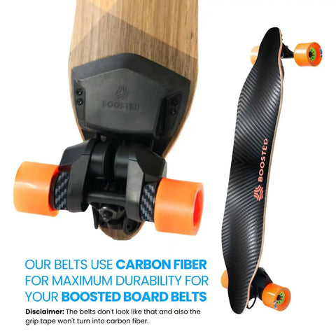 Carbon Fiber Drive Belts For Boosted Board Models V2 V3 Mini S Mini X Plus And Stealth With Over 400 Miles Of Ride Life Maximum Strength And Full Warranty with orange wheels.