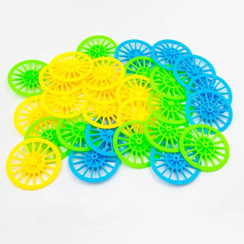 Vintage Toy Car Wheels Set With 2mm Round Shaft Axles For RC Cars Trucks And DIY Robots 30Pcs Mixed Yellow Green Blue Wheels