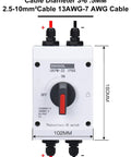 Front view of Outdoor Solar Disconnect Switch 32 Amp DC 1200V Four Pole Isolator with IP66 Weatherproof Enclosure and cables.
