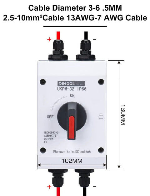 Front view of Outdoor Solar Disconnect Switch 32 Amp DC 1200V Four Pole Isolator with IP66 Weatherproof Enclosure and cables.