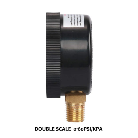 Side view of Beefy 2 Inch Pool Pressure Gauge with 1 Quarter NPT Lower Mount, 0 To 60 Psi And 0 To 400 KPa, black plastic case, brass parts