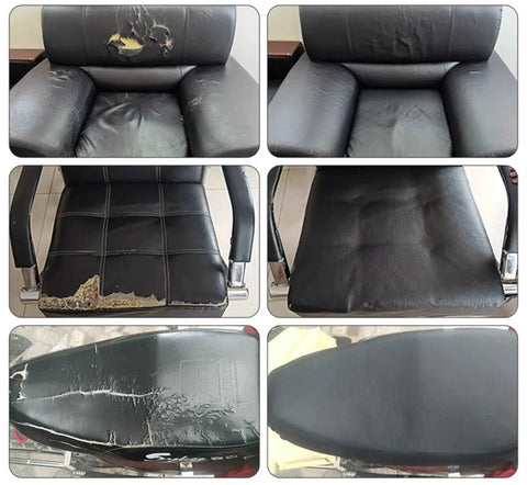 Comparison of damaged leather chairs before and after using Self Adhesive Leather Repair Patch 54x20 Inch Peel And Stick Easy Fix