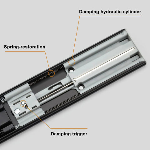 Ten Pairs Twenty Inch Black Soft Close Drawer Slides Heavy Duty Runners Built Tough And Quiet Easy Install With Screws And Instructions Rust Resistant Galvanized Rails For Smooth Drawer Action. black soft-close drawer slide close-up with damping cylinder and spring-restoration