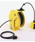 Badass Industrial Retractable Power Cord Reel Rtb Series W 4 Outlets, 25 Ft Black Cable, Yellow Steel Cabinet, Heavy Duty Sjow Line, Duct Tape Tough, Top Shelf Shop Floor Essential, Made In Usa - Close-up of yellow reel with black cable and power outlet.