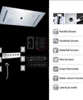 Top Shelf Thermostatic Shower System With Flush Mount Ceiling Head And Dual Massage Sprayers Featuring Sleek LED Display and various functions.