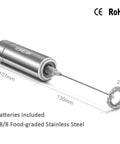 Portable Milk Frother Handheld Battery Operated Travel Coffee Frother With 2 Stainless Steel Whisks In Silver With Measurements