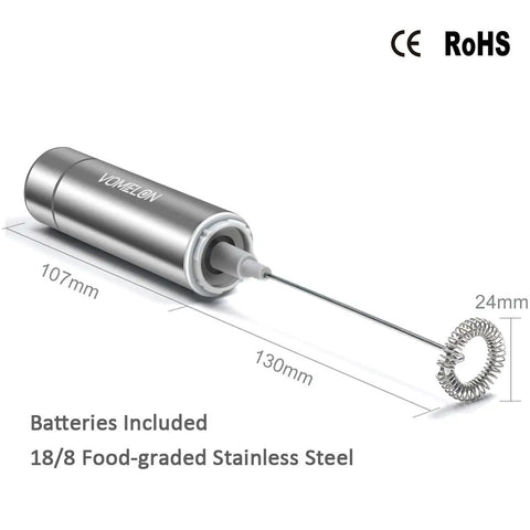 Portable Milk Frother Handheld Battery Operated Travel Coffee Frother With 2 Stainless Steel Whisks In Silver With Measurements