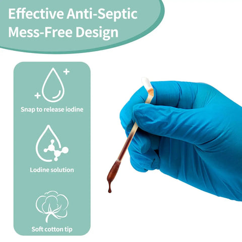 Travel Ready Iodine Swabs With Snap And Flow Technology, gloved hand holding brown iodine swab with organic cotton tip