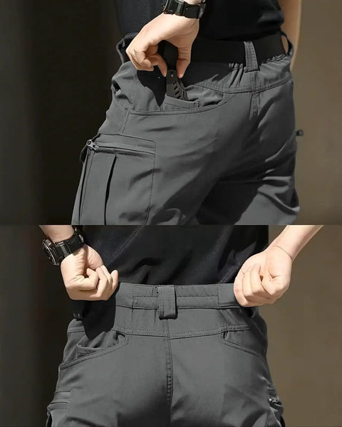 Back view of Mens Tactical Cargo Pants With Stretch Waterproof Fabric Durable Hiking And Work Pants Multi Pocket Cargo No Belt Dark Gray.