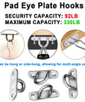 Rugged As Nails 304 Stainless Steel Ceiling Eye Hooks 2 Pack With Full Mounting Hardware For Hammock Chairs Swing Sets Plant Hangers And Garage Projects Indoors Outdoors, displaying multiple angles and capacities.