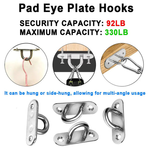 Rugged As Nails 304 Stainless Steel Ceiling Eye Hooks 2 Pack With Full Mounting Hardware For Hammock Chairs Swing Sets Plant Hangers And Garage Projects Indoors Outdoors, displaying multiple angles and capacities.