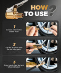How to use 3 Pack Brass Tire Air Chuck With 8mm Threaded Male Lever Lock Inflator Hose Adapter Clip On Connector For Air Compressor Pro Grade Heavy Duty Solid Brass Construction Leak Proof Seal Universal Vehicle Tire Inflation Accessory steps showing tire inflation process with brass air chuck
