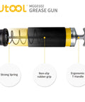 UTOOL grease gun with argent matte finish; pistol-grip, ergonomic T-handle and cutaway internal spring