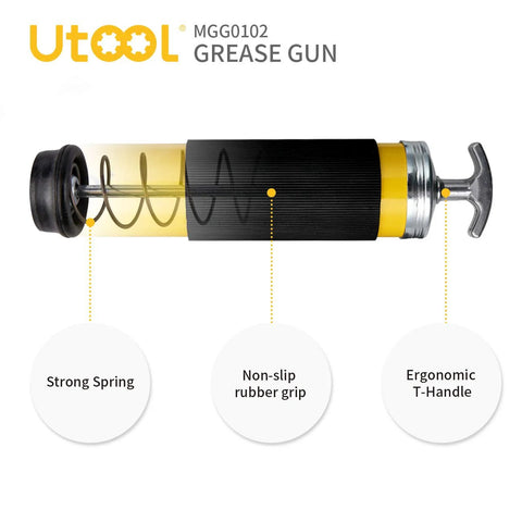 UTOOL grease gun with argent matte finish; pistol-grip, ergonomic T-handle and cutaway internal spring