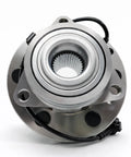 Front view of 6-lug ABS hub assembly for Chevy Silverado 1500 and GMC Sierra, visible wiring, designed for 4WD models.