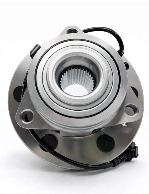 Front view of 6-lug ABS hub assembly for Chevy Silverado 1500 and GMC Sierra, visible wiring, designed for 4WD models.