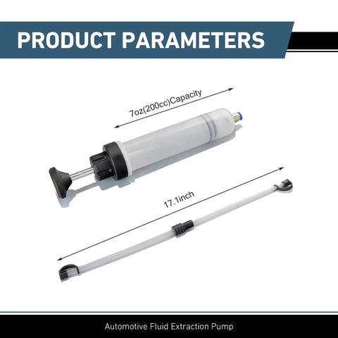 Heavy Duty Automotive Fluid Extractor Pump 200cc Oil Syringe Transfer Tool with visible level lines and plunger handles overview.