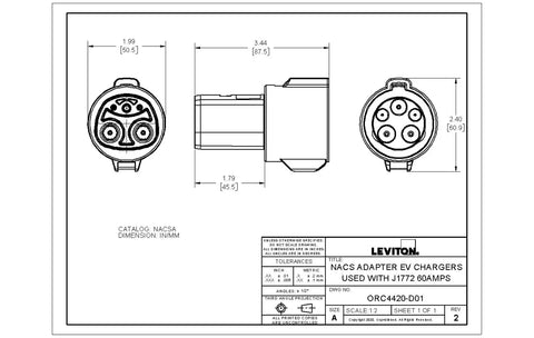 SAE J1772 To Nacs Electric Vehicle Charger Adapter Conversion Plug wiring diagram with dimensions for home and public charging stations.