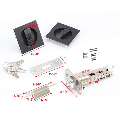 Black Privacy Pocket Door Lock With Keys Hidden Recessed Square Barn Door Latch For 1 3/8 To 2 3/16 Inch Thick Doors Zinc Alloy