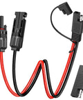 Beefy 10AWG SAE Solar Connector Cable Set With Male And Female PV Extension Wires For RV Solar Panel DC Power And Battery Chargers Includes SAE Polarity Reverse Adapter, showing connectors and cables.