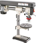 No-Fuss Shop Floor Beast Benchtop Radial Drill Press with 1/2 Horsepower Motor and adjustable 5-speed settings.