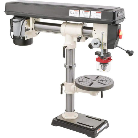 No-Fuss Shop Floor Beast Benchtop Radial Drill Press with 1/2 Horsepower Motor and adjustable 5-speed settings.