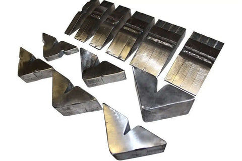 Hemming Dies Kit For 12 And 20 Ton Finger Brakes, 32 pieces forming an 8 inch die, unassembled and unwelded metal pieces displayed