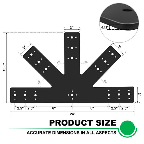 Gable Plate For Pergola Truss Roof Connector Heavy Duty 12 Pitch, Powder Coated Black, 24x13.5 Inch Bracket, One Eighth Inch Thick Steel, Beefy Pergola Framing Hardware