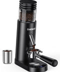 No Fuss Portable Rechargeable Conical Burr Coffee Grinder With 60 Precision Settings And Usb C Quick Charge Battery Powered Espresso Grinder With Bellows Hopper For Straight Up Fresh Cup Joy, black grinder with stainless steel portafilter.