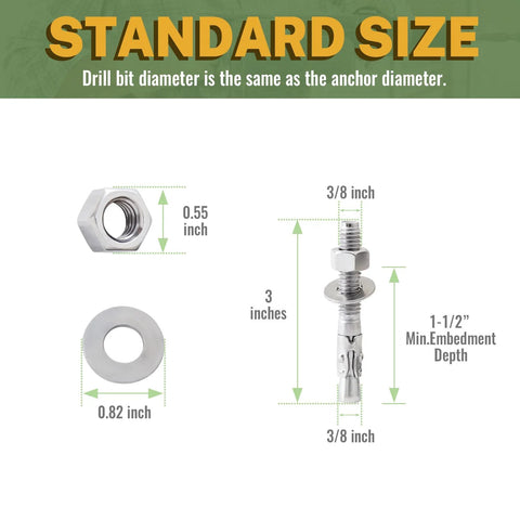 304 Stainless Steel Concrete Anchor Bolts Three Eighths Inch By Three Inch Wedge Anchors, 20 Pack dimensions and components