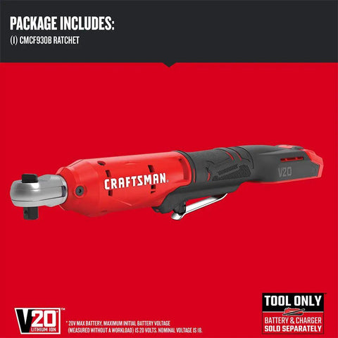 V20 Cordless 3/8 Inch Ratchet Wrench Bare Tool Only, 300 RPM, Up To 35 Ft-Lbs Torque, LED Work Light, on red background