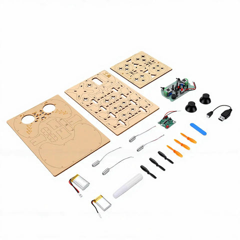 Wooden Drone Kit For Beginners With Protective Frame And One Key Takeoff DIY RC Quadcopter components laid out on a white background
