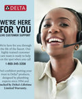 Smiling customer support representative wearing a headset with Delta logo and service details displayed, promoting support.