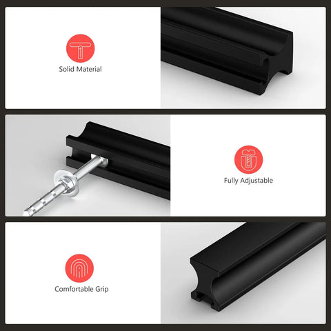 Five Pack Adjustable Black Cabinet Pulls For Kitchen Drawers Solid Metal Build showing solid material and designed for easy installation.