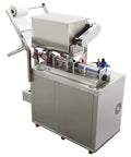 Automatic Pneumatic Paste And Liquid Filling Machine With Stainless Steel Horizontal Mixing Hopper For Sauces Oils Honey And Condiments 10 To 100 ML, side view showing SS hopper and controls.